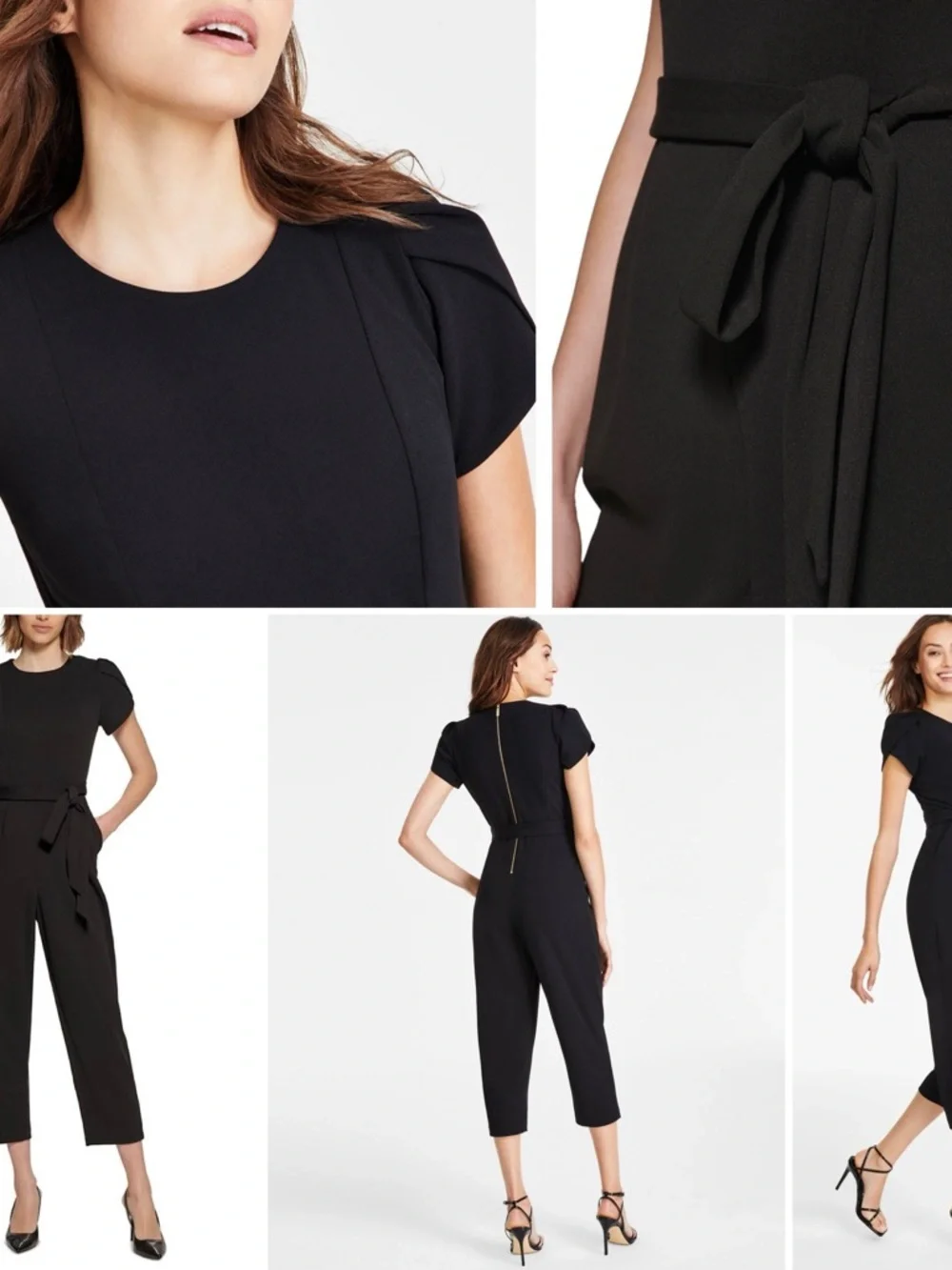 CALVIN KLEIN Jumpsuit Cropped Tulip Sleeve Belted Round Neck Pockets Back Zip - Picture 10 of 14